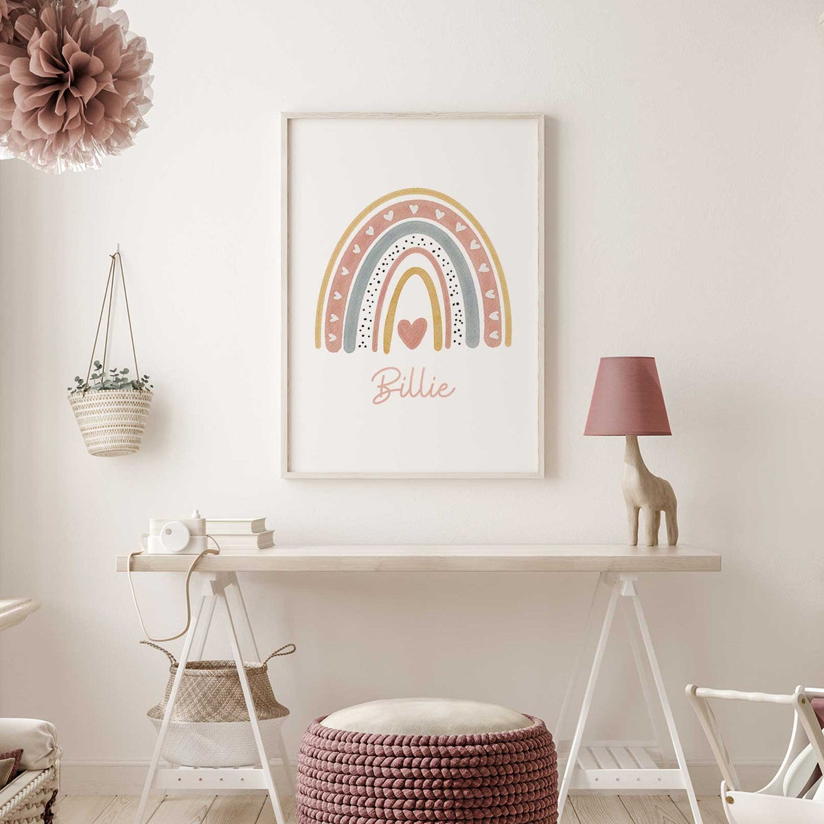Personalised heart rainbow print with pink, blue and mustard arches and a custom child's name in soft script lettering
