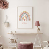 Personalised heart rainbow print with pink, blue and mustard arches and a custom child's name in soft script lettering