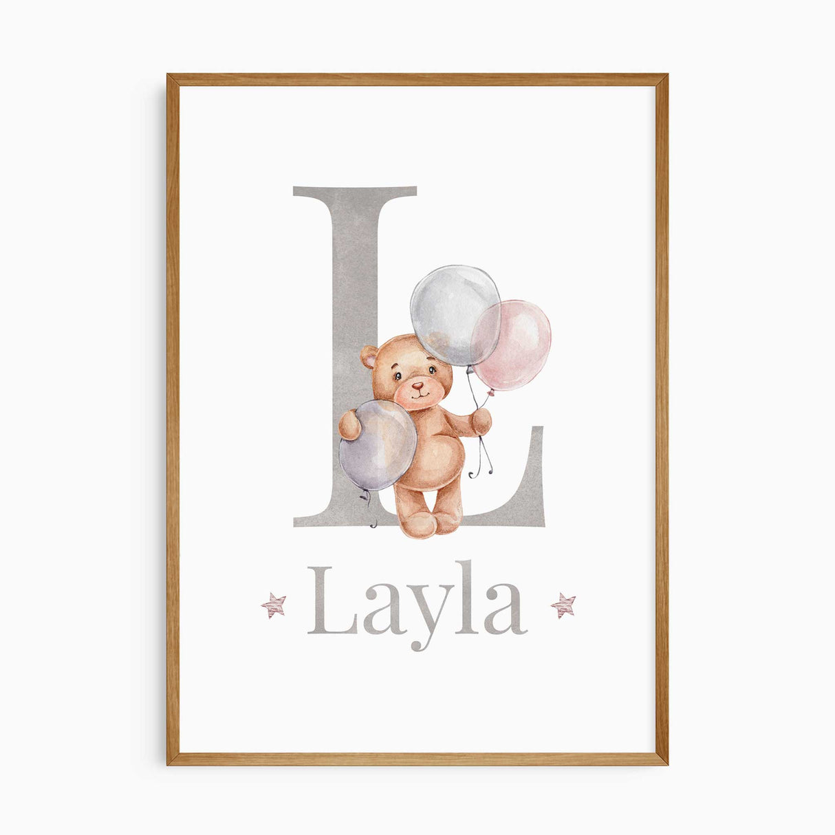 Personalised initial baby girl wall art with teddy bear and balloon artwork