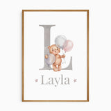 Personalised initial baby girl wall art with teddy bear and balloon artwork