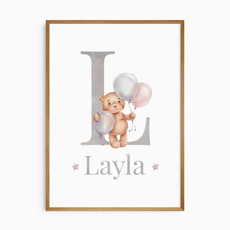 Personalised initial baby girl wall art with teddy bear and balloon artwork