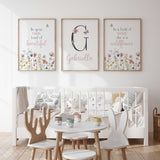 Personalised initial and name wall art with soft pink wildflowers for girls room