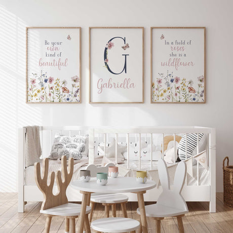 Personalised initial and name wall art with soft pink wildflowers for girls room