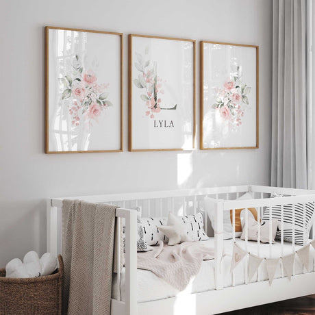 Personalised initial and name nursery wall art with soft floral design