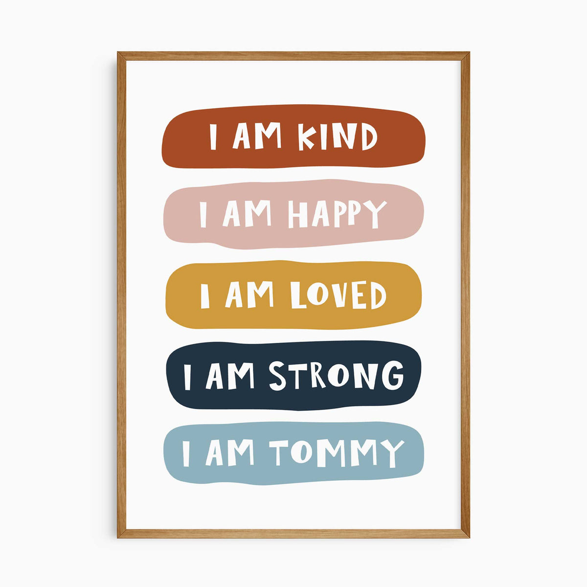 Personalised affirmation print with kind, happy, loved and strong messages on rust, blush, mustard and navy panels