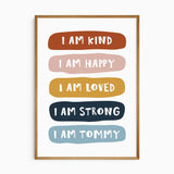 Personalised affirmation print with kind, happy, loved and strong messages on rust, blush, mustard and navy panels