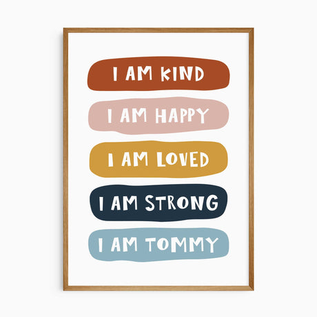 Personalised affirmation print with kind, happy, loved and strong messages on rust, blush, mustard and navy panels