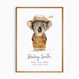 Personalised koala birth print with baby’s full name, birth date, time, weight and length beneath a watercolour koala