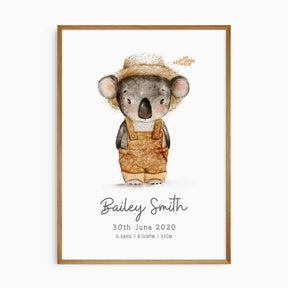 Personalised koala birth print with baby’s full name, birth date, time, weight and length beneath a watercolour koala