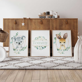 Personalised nursery wall art set with koala, kangaroo, and custom name print