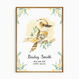 Personalised kookaburra birth print with baby’s name, date, time and weight surrounded by Australian native foliage