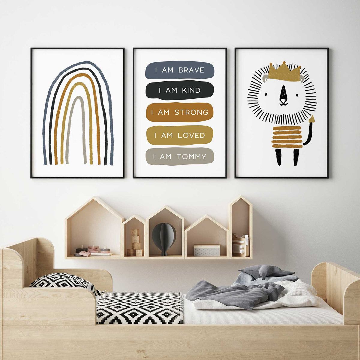 Three coordinating prints featuring a hand-drawn rainbow, personalised affirmations and a mustard-crowned lion.