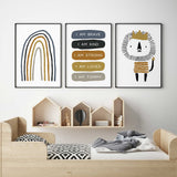 Three coordinating prints featuring a hand-drawn rainbow, personalised affirmations and a mustard-crowned lion.