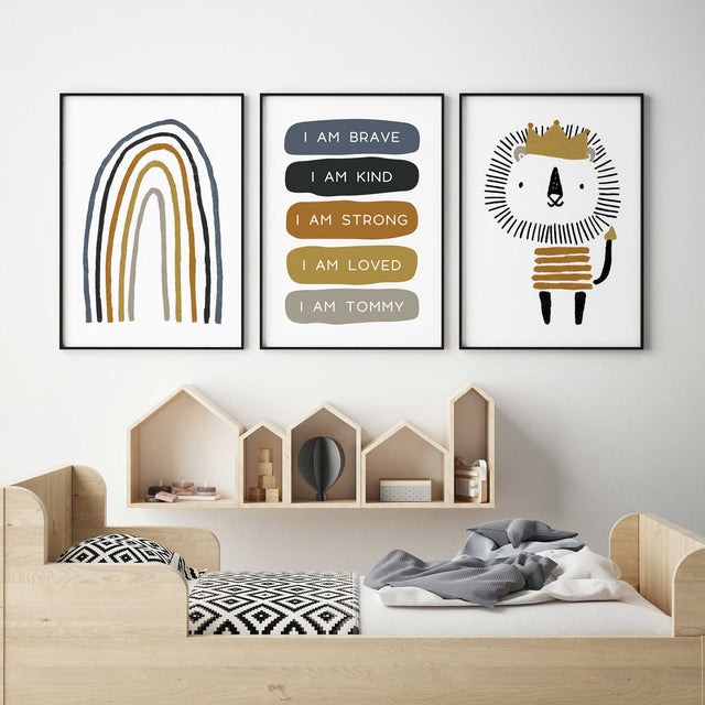 Three coordinating prints featuring a hand-drawn rainbow, personalised affirmations and a mustard-crowned lion.