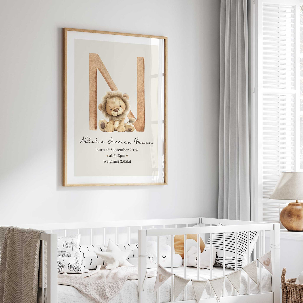Personalised lion baby birth print featuring a plush animal, large initial, full name and individual newborn details