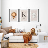personalised lion and elephant nursery wall art set with initial letter and child name in neutral tones
