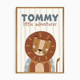 Personalised lion safari print with child’s name, little adventurer wording and a softly striped nursery background.
