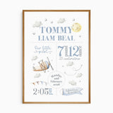 Personalised little pilot birth print with a vintage aeroplane, moon, clouds and baby’s name, date, time, weight and length