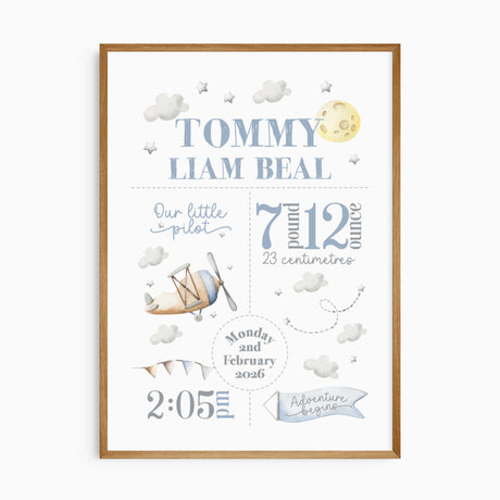 Personalised little pilot birth print with a vintage aeroplane, moon, clouds and baby’s name, date, time, weight and length