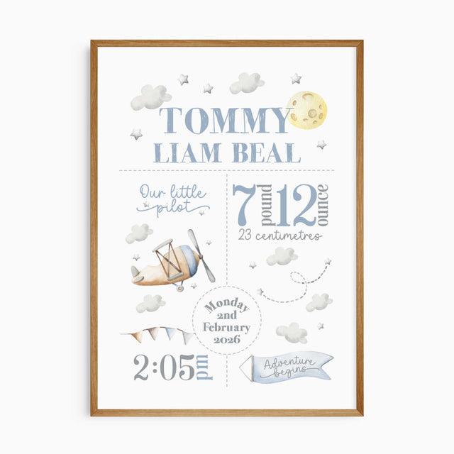 Personalised little pilot birth print with a vintage aeroplane, moon, clouds and baby’s name, date, time, weight and length