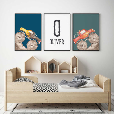 Personalised monster truck set with yellow and red trucks on blue and teal, plus a black initial and name.