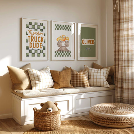 personalised monster truck name print with green check racing pattern for boys bedroom wall art