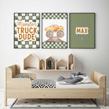 Personalised monster truck name print for boys room décor, perfect for nursery or playroom walls. Available in multiple standard print sizes to suit both Australian and international frames.