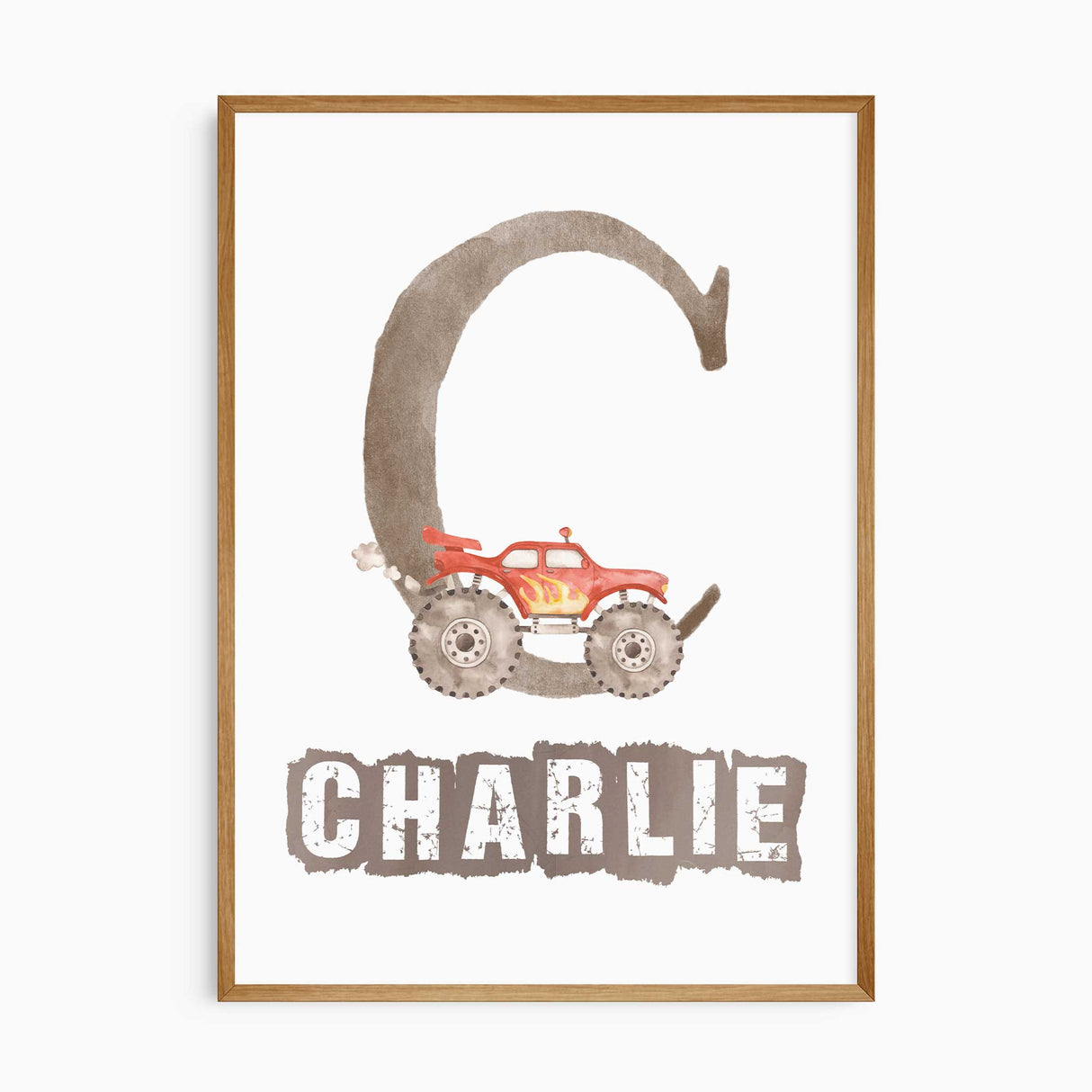Personalised monster truck name print featuring a large racing-style initial, child’s name and colourful tyre details.