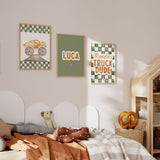 Personalised monster truck wall art set with green checkered prints, custom name art and bold monster truck quote for boys bedroom decor
