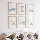Set of six watercolour construction prints with multicolour vehicles, clouds and a grey initial above the name.