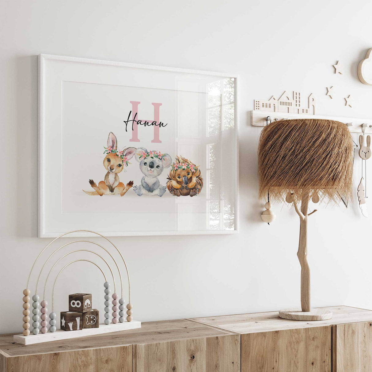 Personalised name Australian animal nursery wall art for girls