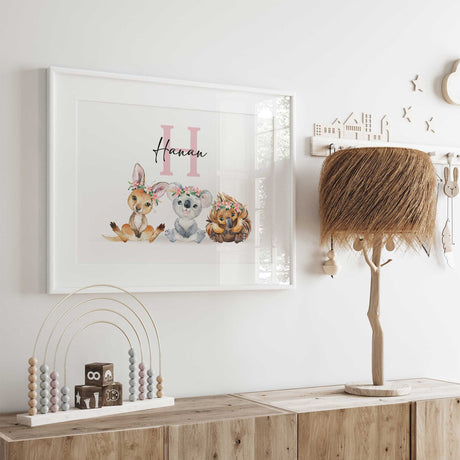 Personalised name Australian animal nursery wall art for girls