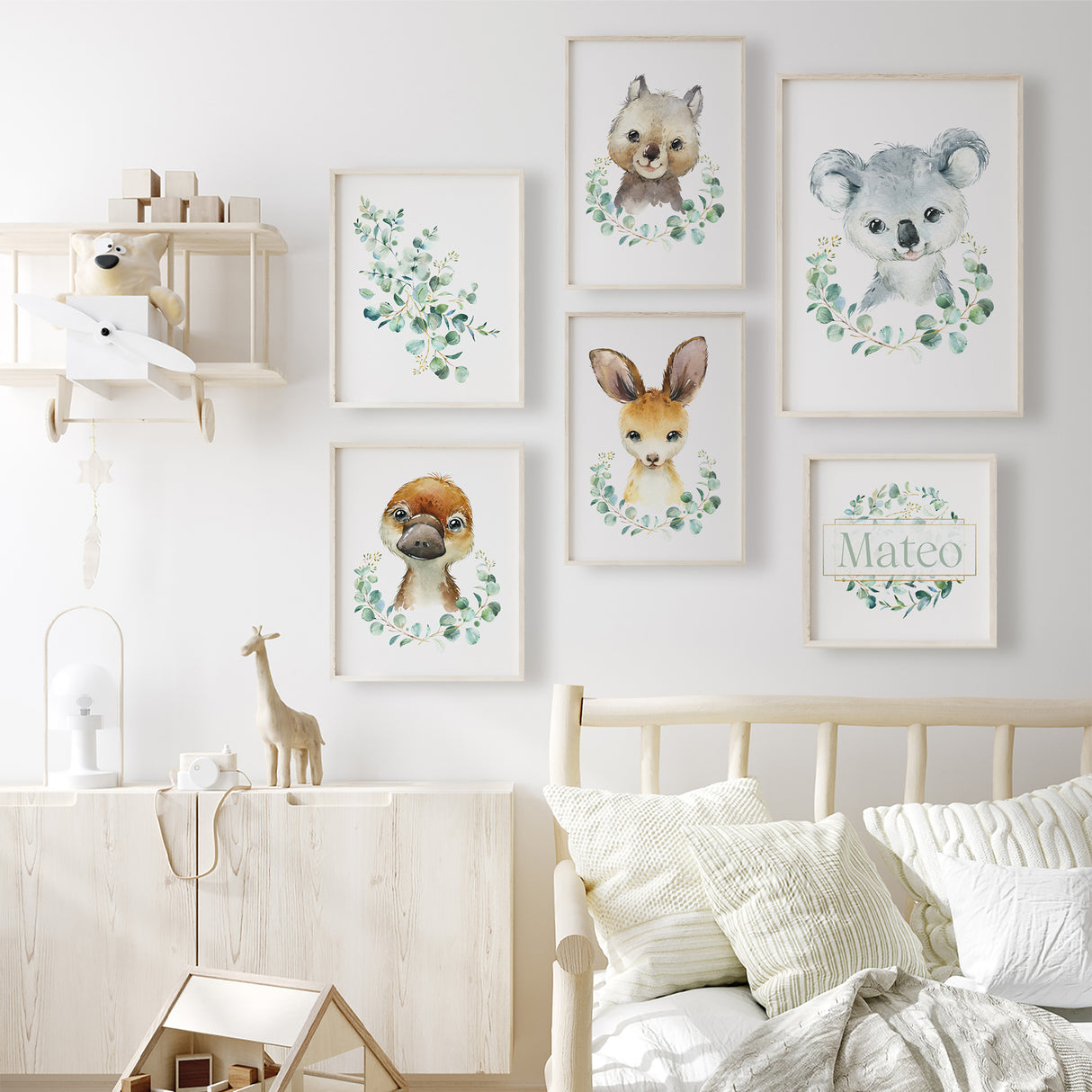 Personalised name nursery print with eucalyptus wreath in soft neutral colours