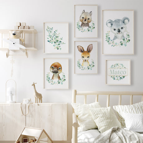 Personalised name nursery print with eucalyptus wreath in soft neutral colours