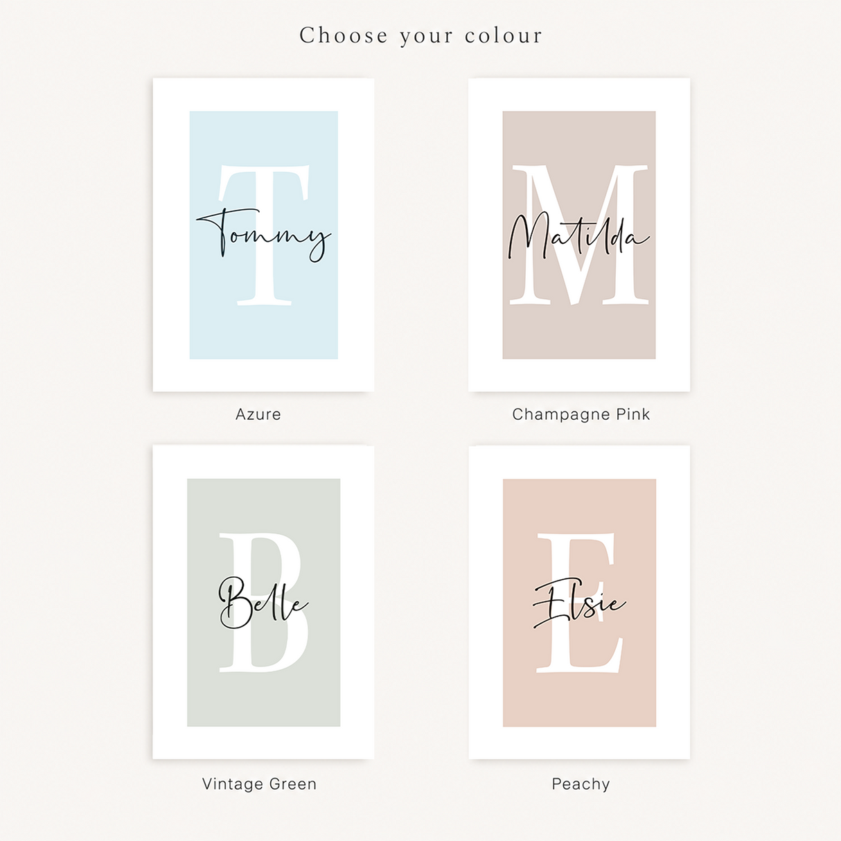 Personalised name and initial print shown in four background colours: Azure, Champagne Pink, Vintage Green and Peachy.
