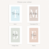 Personalised name and initial print shown in four background colours: Azure, Champagne Pink, Vintage Green and Peachy.