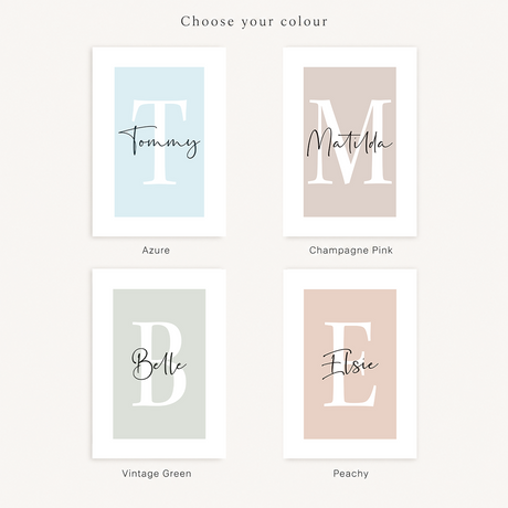 Personalised name and initial print shown in four background colours: Azure, Champagne Pink, Vintage Green and Peachy.