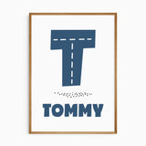 Personalised name initial nursery print with road design