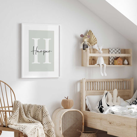 Personalised kids wall art print with large initial and name, white border design







