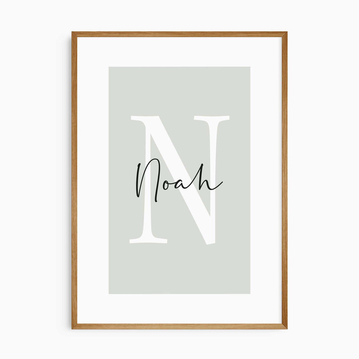 Personalised kids wall art with name and initial in sage green background