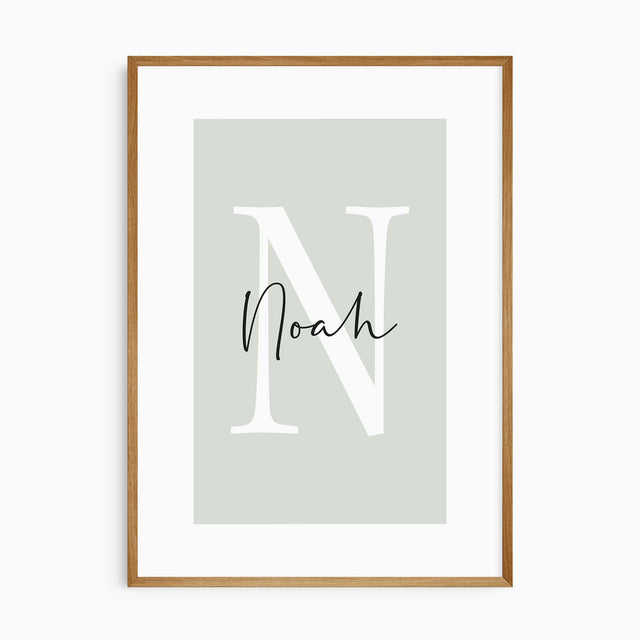Personalised kids wall art with name and initial in sage green background