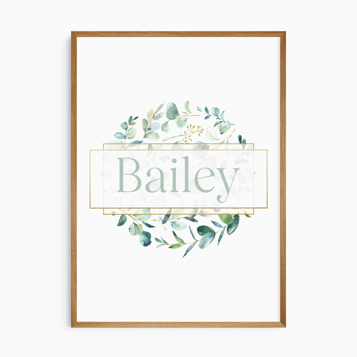 Personalised name nursery print set with safari animals and soft green botanical details
