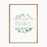 Personalised name nursery print set with safari animals and soft green botanical details