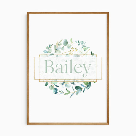 Personalised name nursery print set with safari animals and soft green botanical details