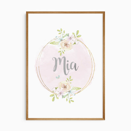 Personalised name nursery wall art with floral circle design