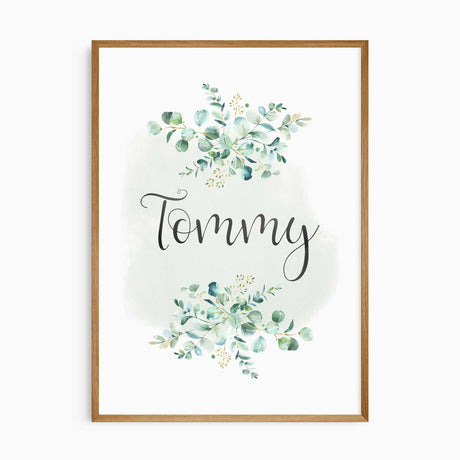 Personalised name wall art print for nursery with eucalyptus greenery