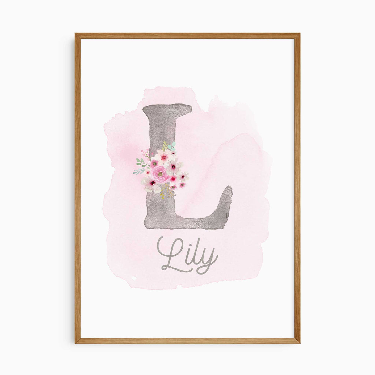 Personalised name print for girls room with grey initial, pink flowers and soft watercolour background
