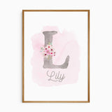 Personalised name print for girls room with grey initial, pink flowers and soft watercolour background