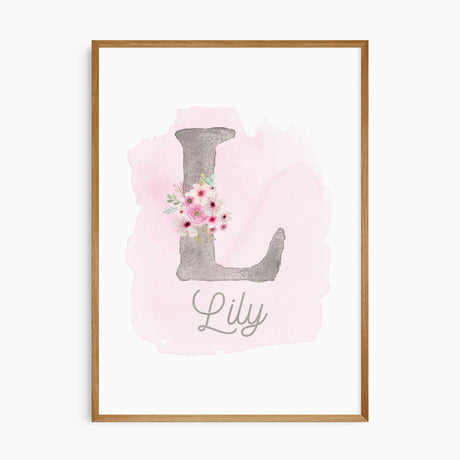 Personalised name print for girls room with grey initial, pink flowers and soft watercolour background