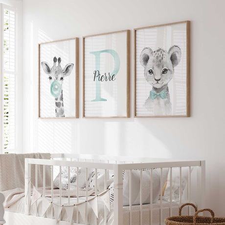 Personalised initial and name print with giraffe and lion cub